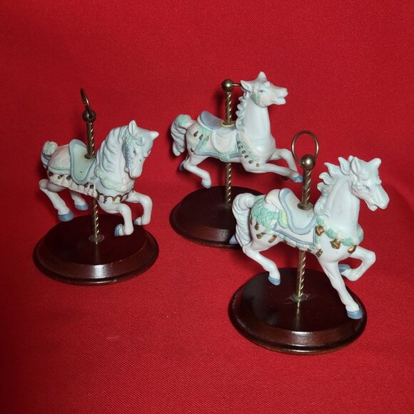 Vintage Bisque Porcelain Carousel Horse Wood Stand Lot of 3 - Picture 6 of 11
